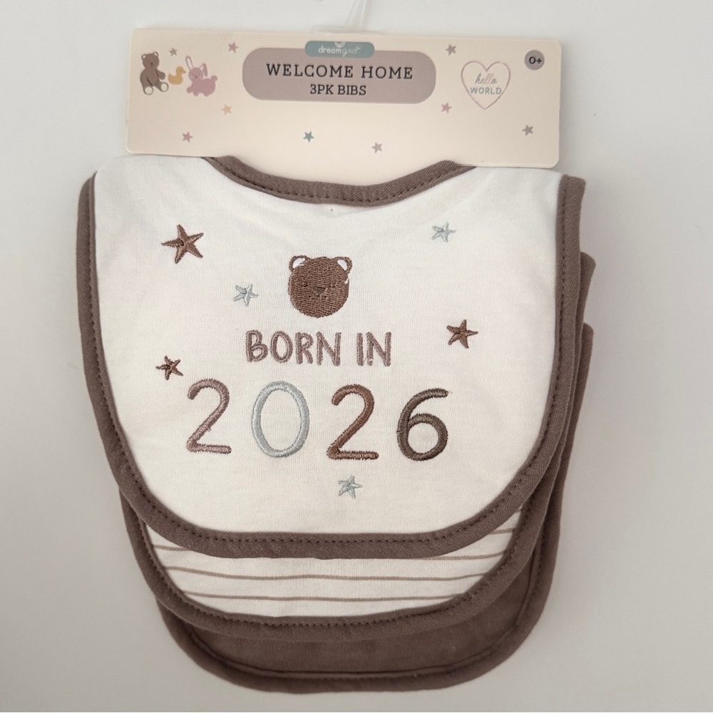 NEW 3 Bib Set Bear Theme Welcome Home Embroidered “Born in 2026”| DreamGro